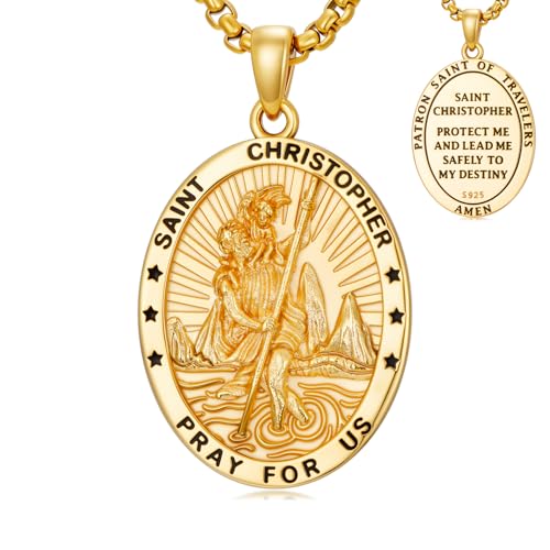 Seiyang Gold Plated St Christopher Necklace for Men Women 925 Sterling Silver Oval St Christopher Medallion Pendant Protection Jewelry Religious Gifts