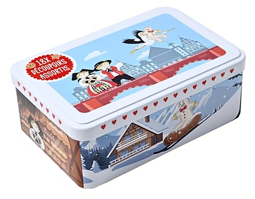 patisse 13727 – Boîte à biscuits métal décor ALSACE contenant 18 découpoirs ou emporte pièces Inox assortis - sapin, mannele, cigogne, Saint Nicolas, Cloche, couple Alsacien, Ange,…