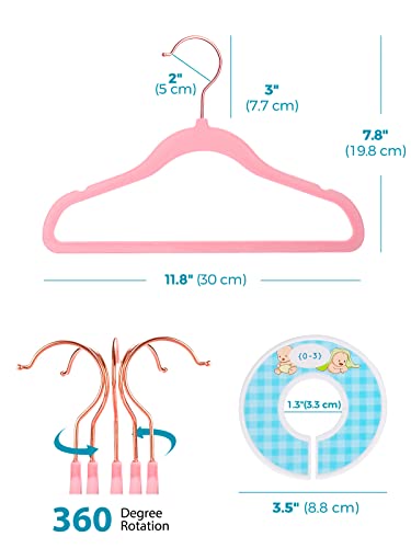 Premium Velvet Baby Hangers For Closet 50 Pack, 11.8" Safe Durable Baby Clothes Hangers For Nursery With 6 Pcs Closet Dividers, Sturdy Felt Hangers For Toddler/Infant/Kids/Childrens - Pink #TOP4