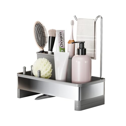 Ewaiira Sponge Holder for Kitchen Sink, Stainless Steel Sink Caddy | with Brush Holder & Dishcloth Rack, Countertop Sink Organizer, Soap Dispenser Kitchen Organizers Storage (F-Gray 9.8″) - image 8