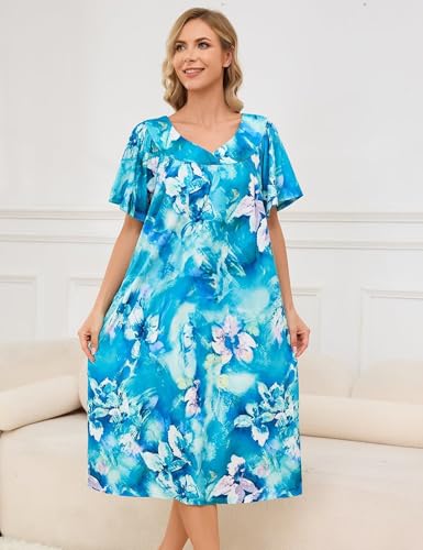 Image of Muumuu House Dresses for Women Nightgown Duster Moomoo Short Sleeve Patio Dress with Pockets S-3XL