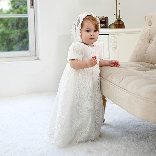 Slowera Baby Girls White Lace Dress Christening Baptism Gowns and Bonnet (Style3, 6-12 Months) - Thumbnail 5