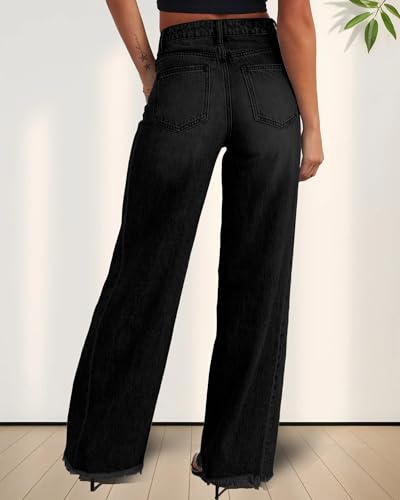Trendy Women's Baggy Wide Leg Jeans High Rise Stretchy Denim Pants with Raw Hem & Comfort Fit2