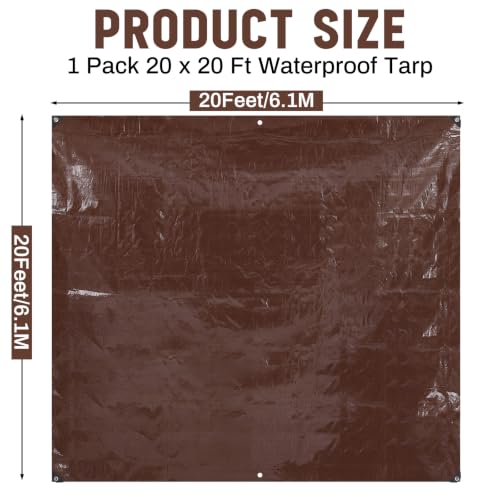 Image of 1 Pack 20 x 20 ft Brown Tarps Heavy Duty 5.5 Mil Waterproof Durable, Water Resistant, Rip & Tear Proof, Reinforced Edges, Multipurpose Firewood, Farm, Camping, Roof, Boat & Emergency Shelter
