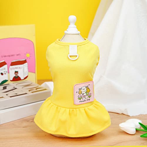 Spring Summer Pet Dress With Traction Ring, Lovely Cartoon Puppy Pattern Sleeveless Dog Clothes For Small Medium Girl Dogs Yellow M #TOP2