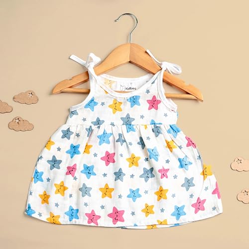 Image of Kidbea Muslin Frock for Baby Girls | Cotton Dress for Newborn Babies | Sleeveless, Tie-Up Shoulders Summer Wear Clothes