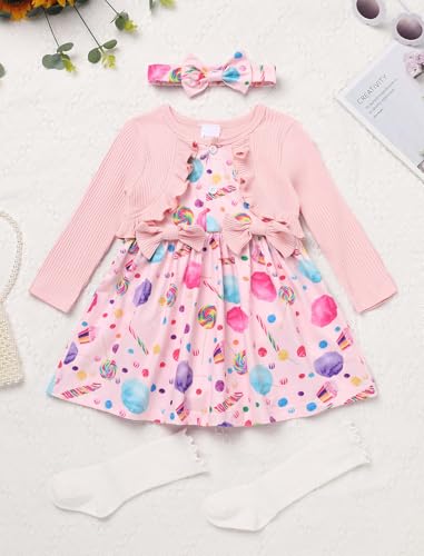 ODASDO Newborn Infant Baby Girls Fall Winter 1st Birthday Outfit Cow/Floral Printed Long Sleeve Dress Headband Socks Set2