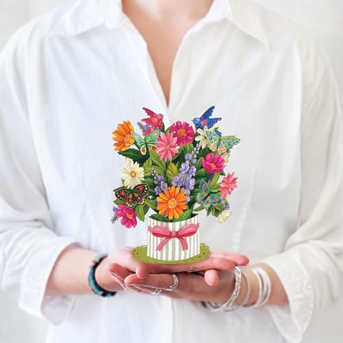 Freshcut Paper Mini Enchanted Garden Pop Up Cards, 6 Inch Mini Sized Forever Flower Bouquet 3D Popup Greeting Card, Birthday Cards, Valentine's Day Card, Blank Notecard & Envelope