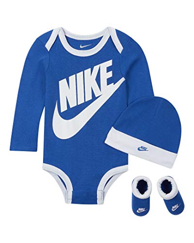 Image of Nike Baby Long Sleeve Bodysuit, Hat and Booties 3 Piece Set (Game Royal(MN0134-U89)/White, 6-12 Months)