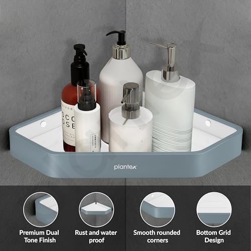 Image of Plantex Corner Shelf for Bathroom /Aluminium and Acrylic Multipurpose Bathroom Shelf Rack /10x10 inch Bathroom Corner Shelf Rack /Bathroom Shelf Organizer-Pack of 1(Grey and Milky White)
