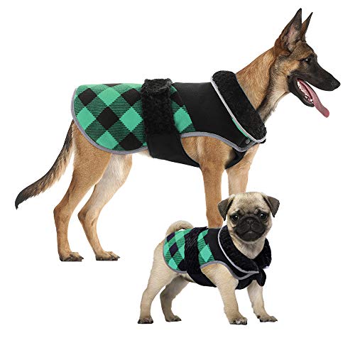 Kuoser Dog Winter Coat British Style Plaid Fleece Warm Christmas Clothes, Reflective Reversible Cold Weather Dog Jacket Windproof Cozy Dog Vest for Small Medium Large Dogs Green S