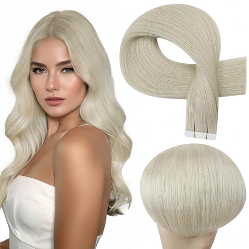 Image of Full Shine Virgin Tape in Hair Extensions Human Hair Color White Blonde Double Sided Insert Virgin Hair Invisible Tape in Extensions Blonde Hair Extensions 20Pcs 30G 12Inch for Chic Makeover