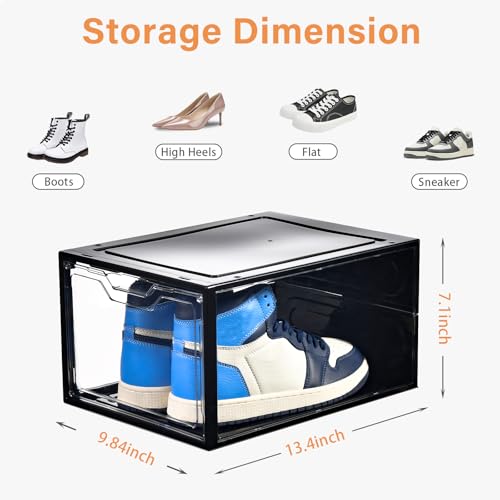 Image of Stebopum 12 Pack Stackable Shoe Storage Organizer with Magnetic Door, Shoe Boxes Clear Black Plastic for Closet, Shoe Rack for Sneaker Boot Container, Shoe Cabinet Fit up to US Size 12
