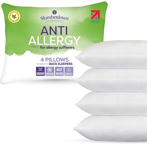 Slumberdown Anti Allergy Pillows 4 Pack - Allergy UK Approved Medium Support Back Sleeper Pillows for Allergy Sufferers | Anti Bacterial Cover UK-Made & Washable (48 x 74cm)