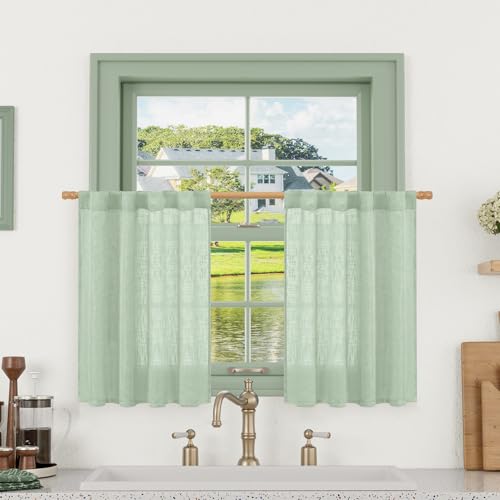 LAMIT Linen Curtains 30 Inch Length for Cafe, Semi Sheer Light Filtering Panels Back Tab and Rod Pocket Neutral Drapes for Basement/Window/Loft Room, Fresh Green, 2 Panels, 34 x 30 Inch