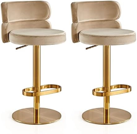 ADEADE Velvet Swivel Adjustable Heigh Bar Stools Set of 2 Kitchen Island Heigh Bar Chairs with Backs Counter Height Bar Stools Gold Legs Round Upholstered Seat for Pubs, Breakfast Restaurant (Khaki)