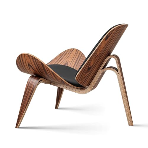 Mid Century Modern Shell Lounge Chair, PU Leather, Tripod Plywood Classic Design Solid Wood Accent Chairs for Living Room, Reading, Lounge, Office, Salon