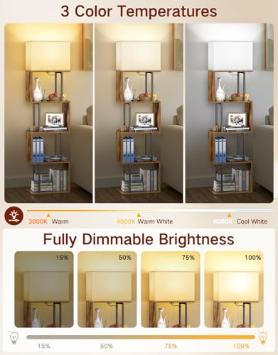 Image of 5-Tier Floor Lamp with Shelves & Remote, Dimmable S-Shaped Bookshelf with 3 Color Temperature, 1-Hour Timer, Tall Corner Standing Lamp for Living Room, Bedroom, Office (Rustic Brown)