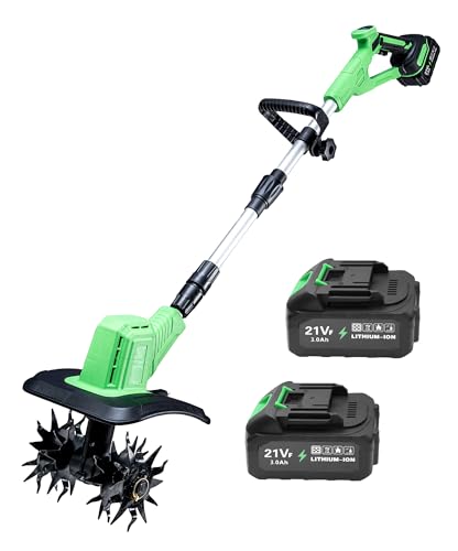 Cordless Tiller Cultivator, 360RPM Battery Powered Garden Cultivator, with 2 * 3.0Ah Batteries & Charger, 9In Tilling Width & 6In Depth Tiller for Gardening