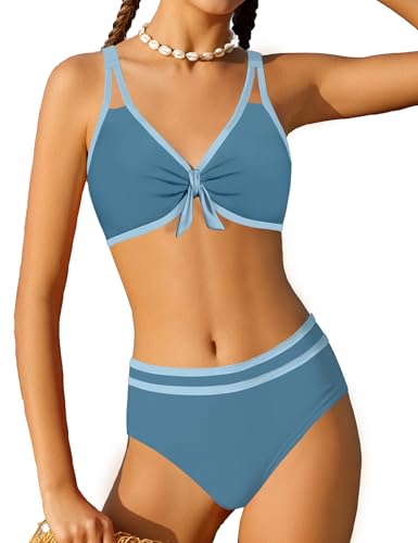 Girls Swimsuit Two Piece Cute Bunny Knot Bikini Set Color Block Welt Twist Cross Girls Bathing Suit 9-16 Years