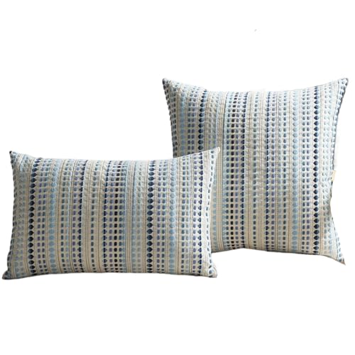 QIJIAYU Fundas de cojín de Hilo teñido con Lunares y Rayas escandinavas, Fundas de Almohada de Lino y algodón for decoración de sofás de casa(Blue,50X50CM 1 Piece)