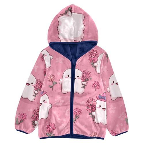 Cute Ghosts with Pink Flowers Toddler Fleece Jacket Girl Boys Hooded Fleece Jacket Coat Warm Outwear Zip-up 3-10T