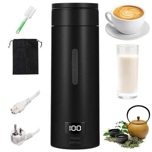 380ML Kleiner Tragbarer Wasserkocher, 3 in 1 Mini Elektrische Wassertasse mit Temperatureinstellung, Automatische Abschaltung, Bürsten und Taschen, Reise Wasserkocher für Kaffee Teezubereitung
