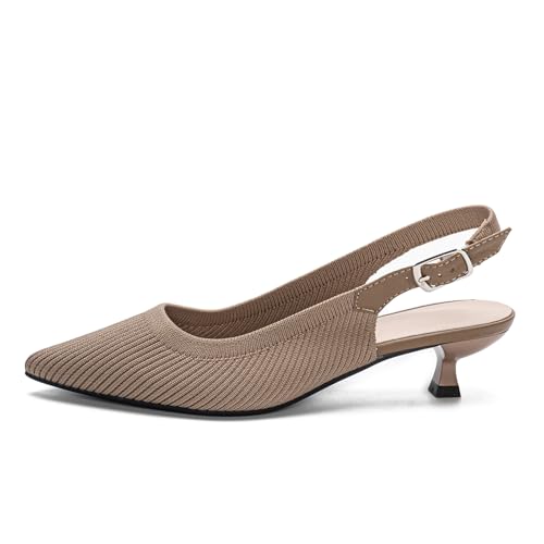 Image of youngshow Women's Slingback Kitten Heels for Work | Knit, Low Heels, Elastic Back Strap, Slip on, Pumps for Office, Wedding, Party