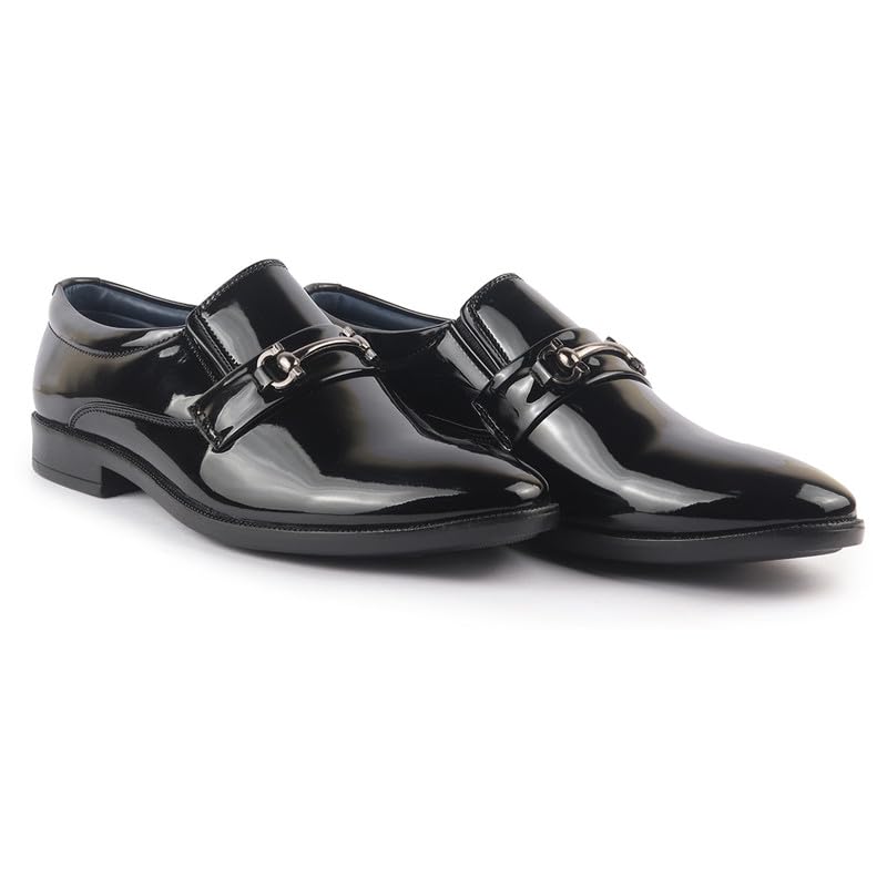 Image of FAUSTO Men Horsebit Buckle Patent Leather Party Formal Slip On Shoes | Extra Cushioned Insole Tuxedo Loafers for Wedding, Reception, Cocktail