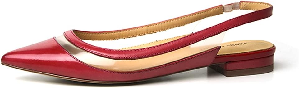 FSJ Women Leather Pointed Toe Low Heel Pumps Comfortable Slip on Slingback Flats Office Dress Shoes Size 4-12 US