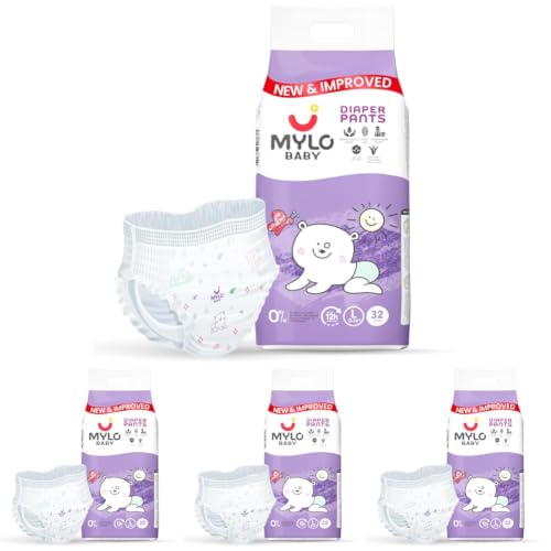 Image of Mylo Baby Diaper Pants Large (L) Size 9-14 kgs (32 count) Leak Proof | Lightweight | Rash Free | Upto 12 Hours Protection | ADL Technology | with Aloe Vera Lotion (Pack of 4)