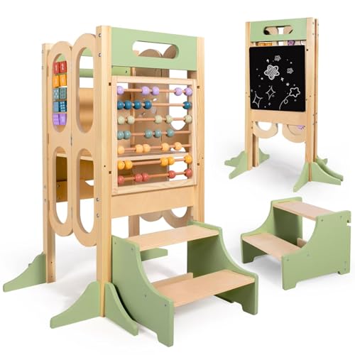 aiwo Step Stool for Kids, Learning Stool with 3 Adjustable Height, Standing Stool with Chalkboard & Activity Games