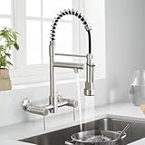 DEMIINUS Wall Mount Kitchen Faucet with Pull Down Sprayer, 8 Inch Center Commercial High Arc Kitchen Sink Faucet, 2 Handle Wall Mount Faucet for Kitchen Sink, Brushed Nickel