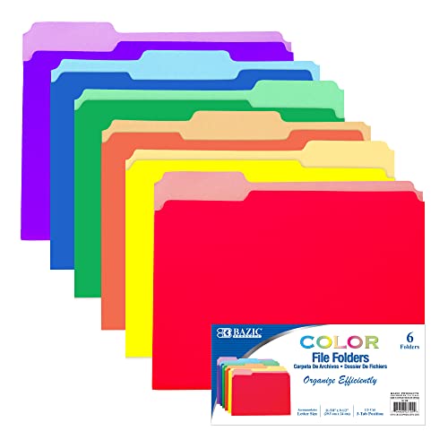 Bazic Manila File Folder 1/3 Cut Letter Size, Assorted Color Left Right Center Tabs Positions, Total 6-Count #TOP20