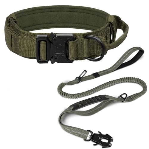 Joytale Tactical Dog Collar and Leash Set, Adjustable Strong Collar with Handle and Shock Absorbing Bungee Leash for Medium Dogs (ArmyGreen, M)