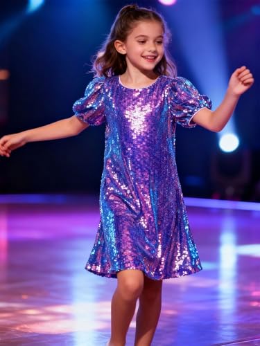 Image of WELAKEN Girls Ombre Sequin Dress Sparkly Fancy Short Puff Sleeves Gradient Party Dress
