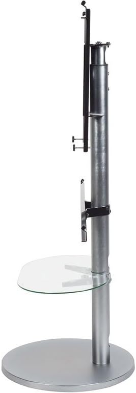 Side view of the Norstone Tiblen SB TV stand, showing the main column, glass shelf, and TV mounting brackets attached.