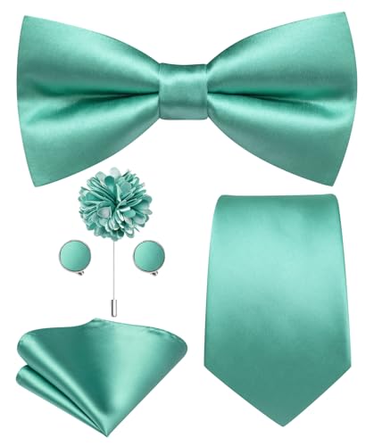 Image of Hi-Tie 5Pcs Mens Solid Color Silk Tie Satin Pretied Bowtie Lapel Pin for Men Handkerchief Cufflink Wedding Gift Box