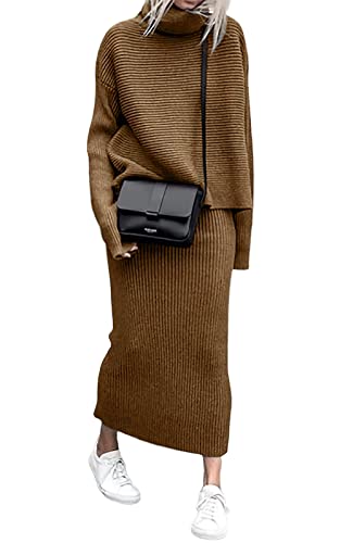 Image of ebossy Womens Ribbed Knit Sweater Outfits Casual Loose 2 Piece Turtleneck Pullovers Elastic Waist Maxi Skirt Sets