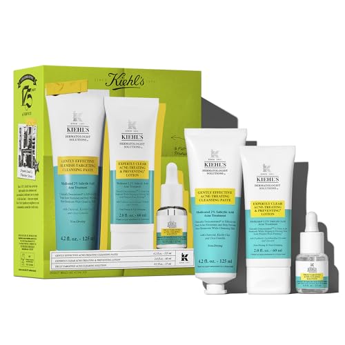 Kiehl's Acne Skincare Routine Gift Set, $98 Value, Includes Face Wash, Pimple Patch, and Facial Cream, Clears Acne, Shrinks Pore Size, Helps Clear Whiteheads and Blackheads, Prevents Breakouts.