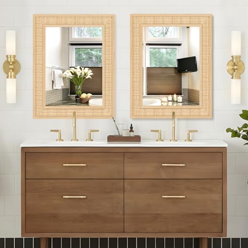 FUWU HOME Rattan Wall Mirror with Wooden Framed 22 X 28 inch Farmhouse Rectangle Wood Mirror for Wall Decor Bathroom, Living Room, Entryway, Bedroom - Image 5
