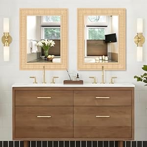 Rattan Wall Mirror with Wooden Framed 22 X 28 inch Farmhouse Rectangle Wood Mirror for Wall Decor Bathroom Living Room Entryway Bedroom