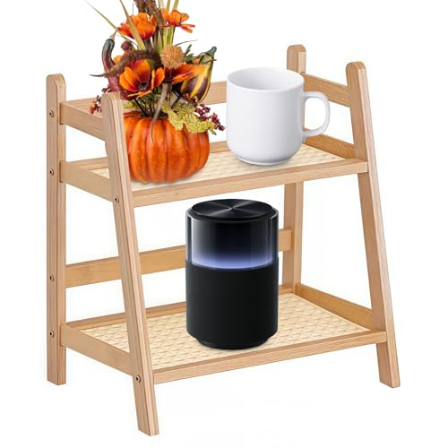 BAIFULAI Estantería para mesa de cocina, 29 x 27 x 18 cm, 2 niveles, imitación de bambú, tejido de ratán, estante decorativo para especias, almacenamiento de bambú, soporte para flores, estantería