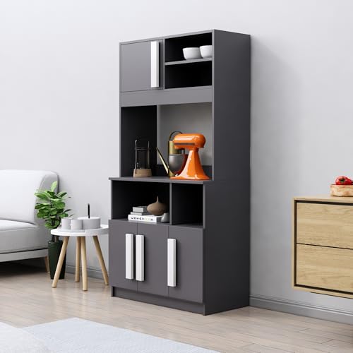 Image of Bniture Multipurpose Kitchen Cabinet | Engineered Wood Crockery Cabinet Modern with 4 Doors and Open Shelves | Crockery Unit for Dining Area | Kitchen Crockery Cabinet for Home | Slate Grey