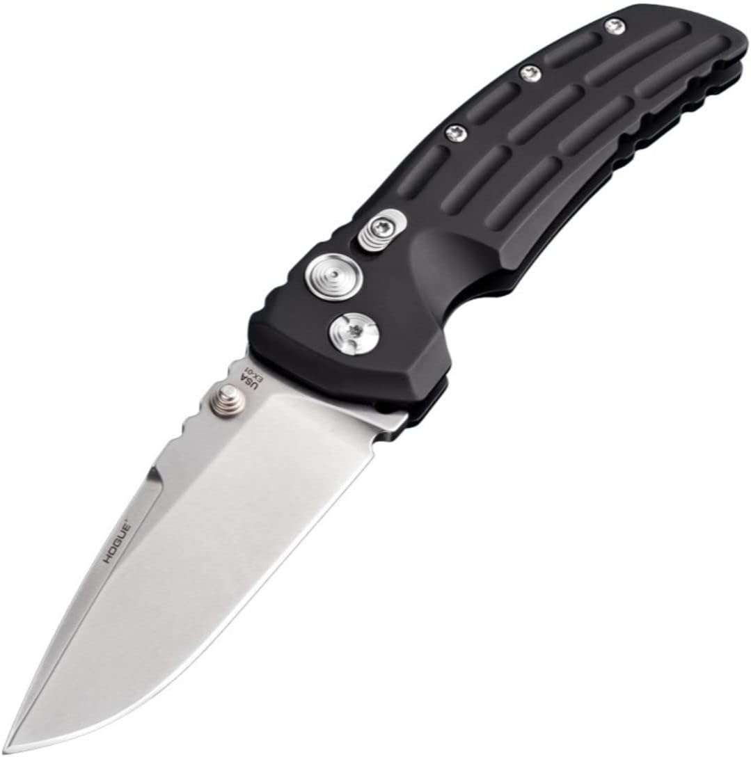 Hogue EX-01 3.5” Folder 154CM Drop Point Blade Stone Tumbled Finish, Fluted Aluminum Frame Button Lock Manual Knife, Matte Black - 34170