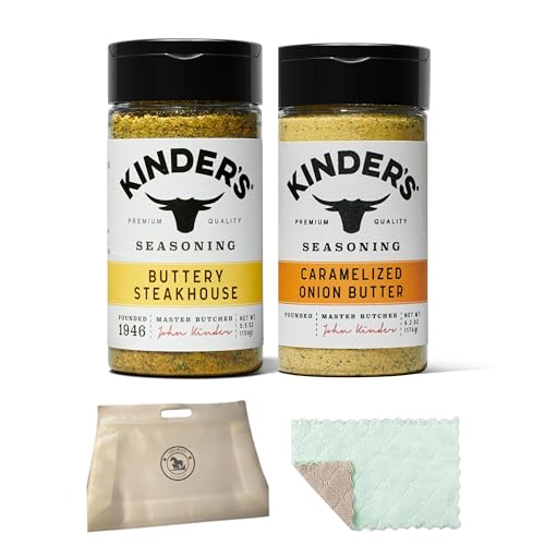 Kinder Buttery Steakhouse Seasoning (5.23oz), Kinder Caramelized Onion Butter Seasoning (6.2oz) Bundle With Food Pouch And Microfiber Wash Cloth By AMCIENT.