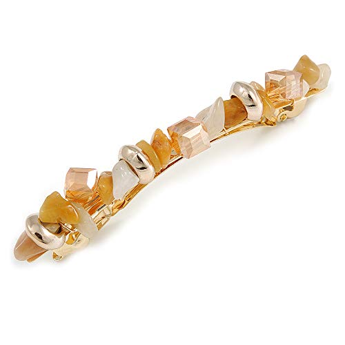 Stylish Glass, Semiprecious and Acrylic Stone Barrette Hair Clip Grip in Gold Tone (Caramel, Champagne) - 85mm W