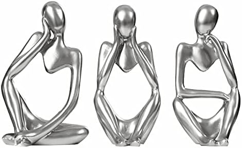 Silver Sculpture 3 Pcs Thinker Statue set Abstract Sculptures Home Decor Modern Small Silver Statues Decor Accents for Bookshelf Coffee Table Shelf Desktop Office Decor Collectible Figurines Decor