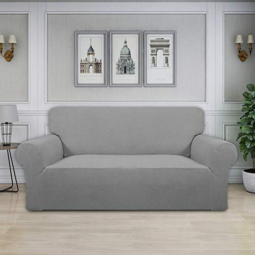 Image of Easy-Going Stretch Oversized Loveseat Slipcover 1-Piece Sofa Cover Furniture Protector Couch Soft with Elastic Bottom for Kids Polyester Spandex Jacquard Fabric Small Checks Light Gray