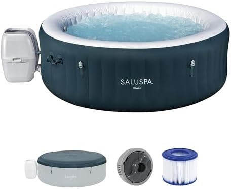 Bestway SaluSpa Miami AirJet 4-6 Person Inflatable Hot Tub Round Portable Outdoor Spa with 140 AirJets and EnergySense Energy Saving Cover, Dark Green